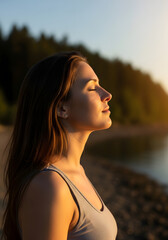 A serene young woman closes her eyes to enjoy the golden hour light by a calm lake, representing mindfulness, wellness, and natural beauty.