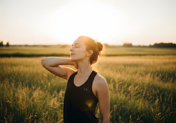 A peaceful young woman practices mindfulness and neck stretches in a sun-drenched meadow during the golden hour, embodying health and tranquility.
