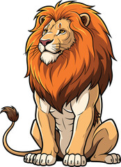 Obraz premium Majestic male lion mascot vector illustration with thick orange mane and noble sitting pose isolated on white background for powerful brand identity logo design.