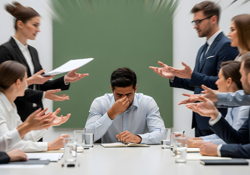 A overwhelmed professional man pinches the bridge of his nose while surrounded by shouting colleagues, illustrating workplace stress, burnout, and toxic corporate environment.