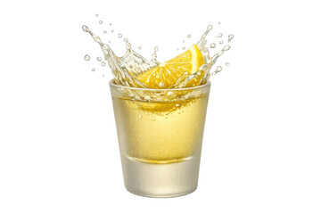 Tequila shot glass with a lemon slice splashing into the golden alcohol, creating a dynamic liquid crown on clear background