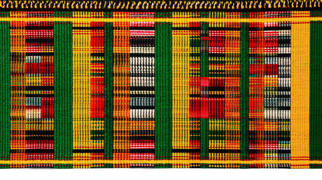 West African kente cloth piece with bold multicolor weave, traditional textile element, isolated on a white background
