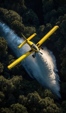 A yellow plane is flying over a forest spraying water from its body to extinguish a large fire below