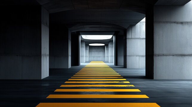 A yellow and black striped crosswalk spans the center of an empty dark gray concrete tunnel with overhead lighting