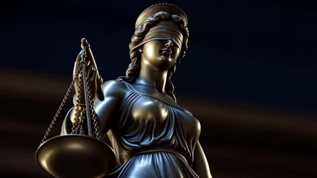Dramatic close-up of a bronze Lady Justice statue with sword and scales on a dark background, symbolizing law, truth, and judicial authority.