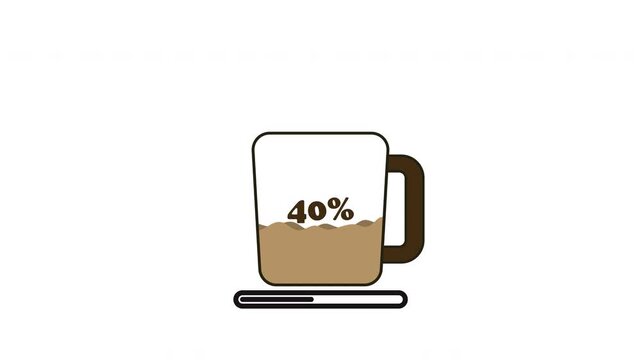 Looping coffee loading animation with progress bar and percentage. Liquid fills mug smoothly. Clean 4K motion graphic with transparent background for UI use