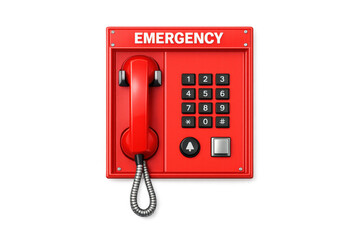 Red emergency telephone with keypad and call button on black background