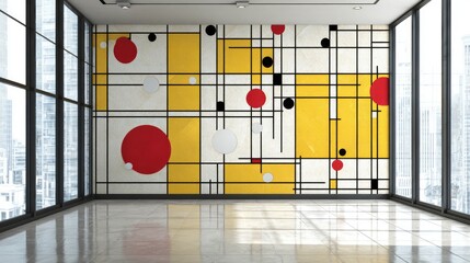 Abstract geometric wall art in modern room interior design with large windows