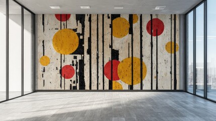 Modern interior with abstract art colorful circles and lines composition