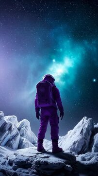 An astronaut clad in vibrant purple stands on a rocky lunar surface, gazing up at a mesmerizing cosmic display of stars and swirling galaxies in the vast universe beyond.