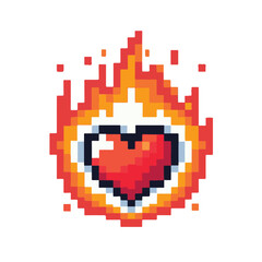 Obraz premium Pixel art heart on fire, representing passion, love, and intense emotions in a retro gaming aesthetic