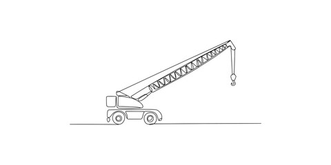 A minimalistic single continuous line art drawing of a construction mobile crane on a white background © Line Art Gallery