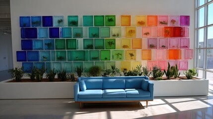 Colorful wall art and blue sofa in contemporary interior design