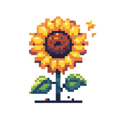 Obraz premium Vibrant pixel art sunflower icon with sparkling details, a charming digital illustration capturing the essence of summer and nature's warmth in a delightful retro game style