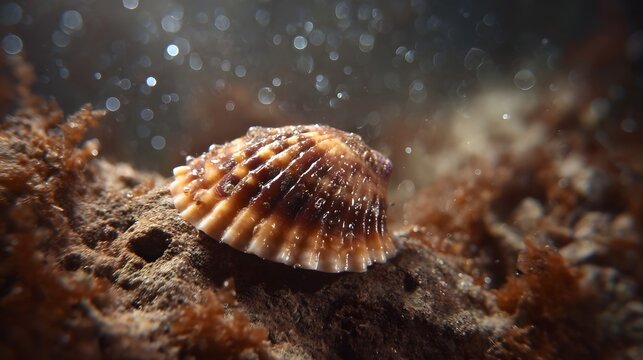 A detailed underwater ro view of a glistening ribbed limpet shell on a rocky seabed with algae