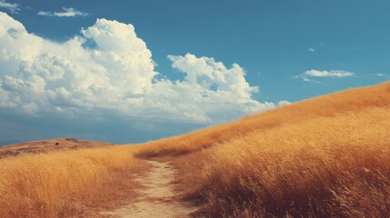 Scenic landscape of golden field and path under blue sky with clouds