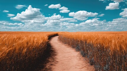 Path through golden wheat field under a vibrant blue sky with fluffy clouds