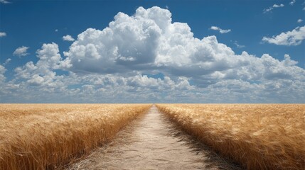 Path through golden wheat field under a blue sky with puffy white clouds