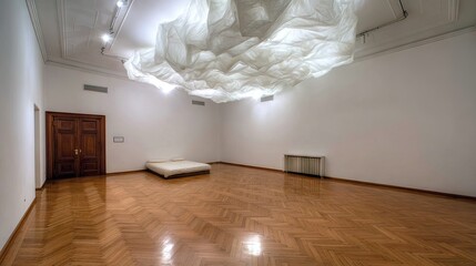 Modern art gallery space with large cloud installation and wooden floor