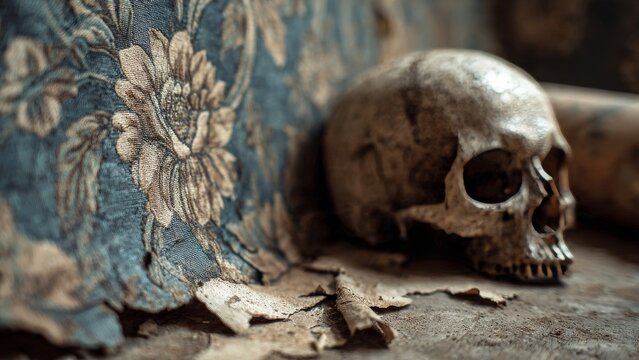 Skull emerging from decaying floral wallpaper - Memento Mori concept

