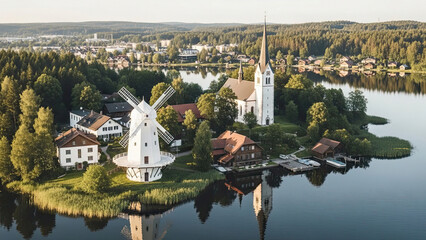 Aerial view of a serene lake with a white windmill and church on a small island surrounded by lush greenery and a town in the background