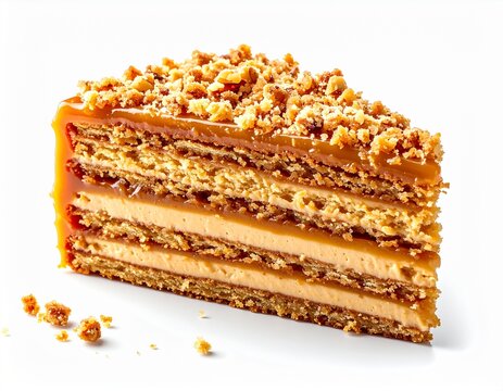 Decadent isolated slice of medovik honey cake on white background