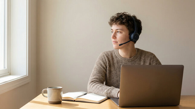 Non-binary person working from home on laptop.