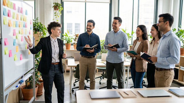 Non-binary leader presenting ideas to team in office.