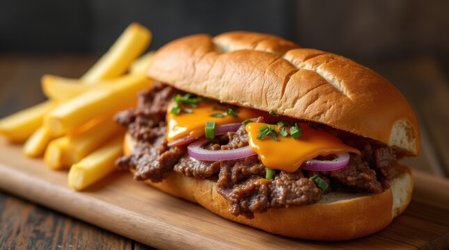Philly cheesesteak sandwich made with steak, cheese and onions on a toasted hoagie roll with french fries on a wooden board 