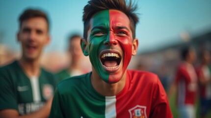 stadium soccer fan emotions portrait with mexican flag 
