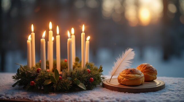 Saint Lucy's joyous tradition features brilliant lit candles on a green winter wreath, delicious golden saffron buns, and a peaceful snowy outdoor vista, December celebration.