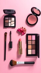 Makeup Essentials on Pink Background - Beauty and Cosmetics Still Life.
