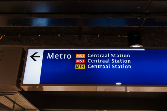 January 23, 2026, Amsterdam, Netherlands - Metro sign indicating Centraal Station for lines M51, M53, and M54