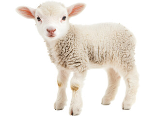 Fototapeta premium Cute young lamb standing isolated on transparent background. Farm animal concept symbolizing innocence, nature, rural life and agriculture.