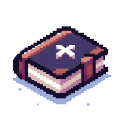 Obraz premium Mysterious pixel art book icon with a prominent white 'X' on its cover, ideal for fantasy game interfaces, symbolizing ancient knowledge, a quest item, or an unread adventure