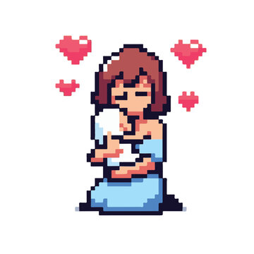 Pixel art illustration of a mother tenderly holding her baby, surrounded by small pink hearts symbolizing love and affection
