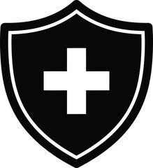 Obraz premium Black shield with white cross icon, isolated on white background