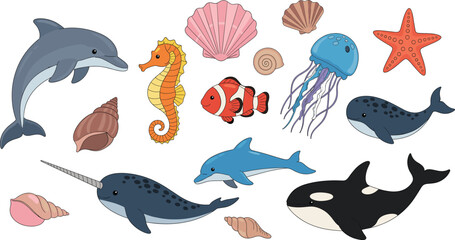Sea animal cartoon illustration set. Cute marine creatures including dolphin whale fish and shells. Flat ocean wildlife vectors for kids design, education, stickers, and posters. © HazelQueen