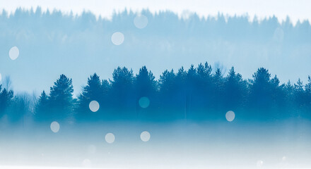 Fototapeta premium Misty Blue Winter Forest with Falling Snow Bokeh