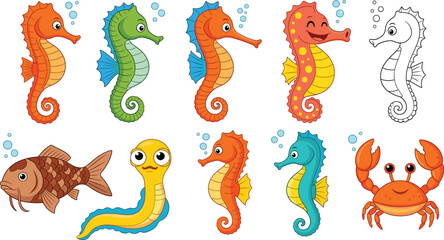 Seahorse cartoon character set. Cute colorful sea horses with different poses and emotions. Flat marine animal illustrations for kids design, stickers, games, and education. © HazelQueen