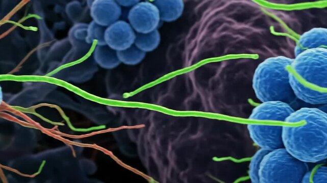 Microscopic View of Blue Spherical Bacteria With Green Filamentous Structures and Dark Purple Background