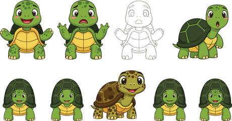 Obraz premium Turtle cartoon character set. Cute green tortoise with different poses and emotions. Flat animal mascot illustrations for kids design, stickers, games, and education.