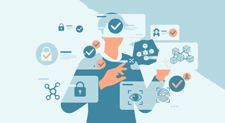 Person interacting with digital security icons and checkmarks on a futuristic interface with a blue background