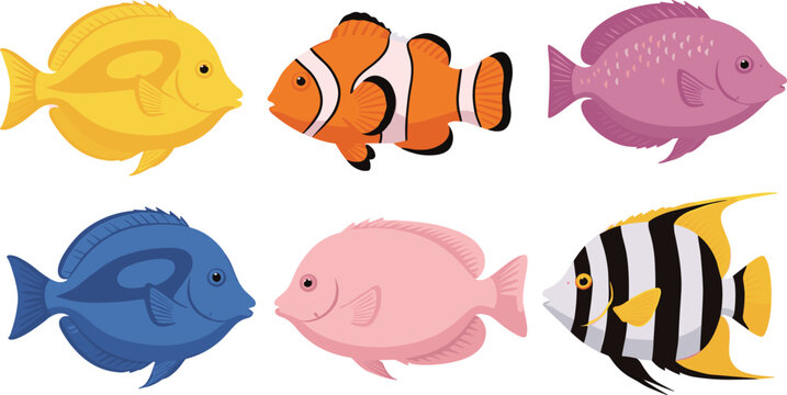 Tropical fish cartoon illustration set. Colorful marine fish with simple flat shapes. Ocean aquarium fish vectors for kids design, education, stickers, and underwater themes.