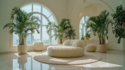 Modern interior with plants and natural light in a bright living space