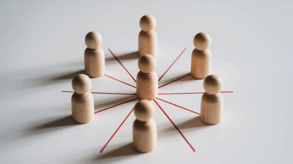 Obraz premium Wooden figures connected by red lines connection network