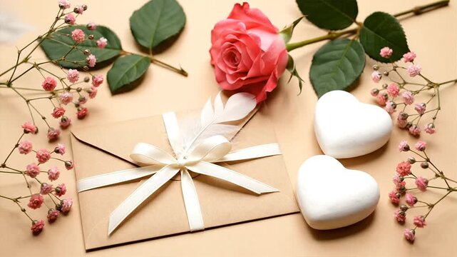 Romantic arrangement with rose envelope and decorative elements