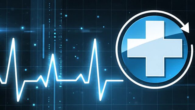 Medical emergency illustration with heartbeat signal and first aid symbol on dark blue technological background viewed from directly above
