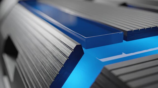 Abstract metallic surface with geometric pattern and blue accent line