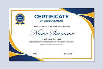 Yellow blue simple wave design achievement certificate template